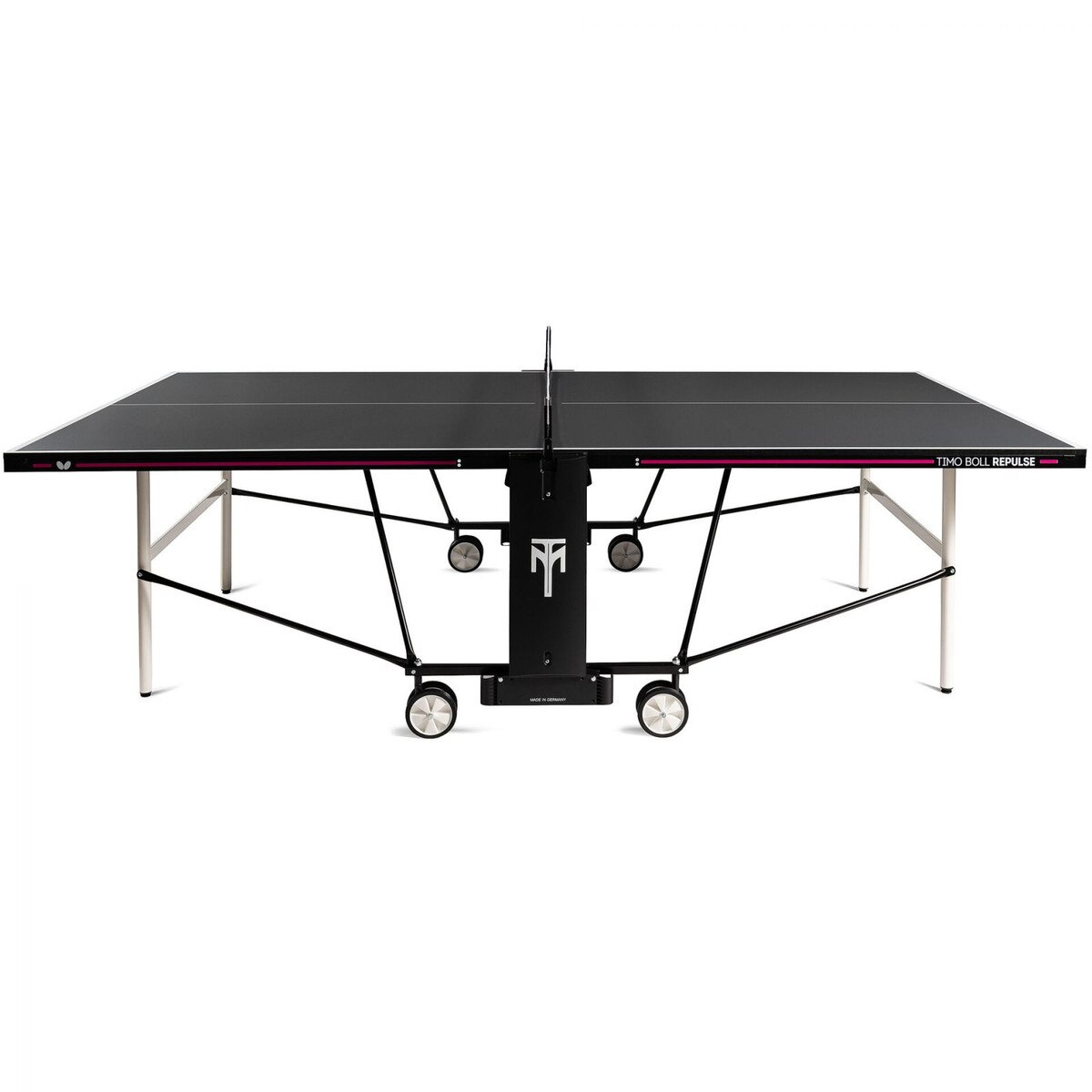 The Butterfly Timo Boll Repulse Indoor Ping Pong Table is is shown here in a side profile show the sleek design and trim that is printed on the sides.